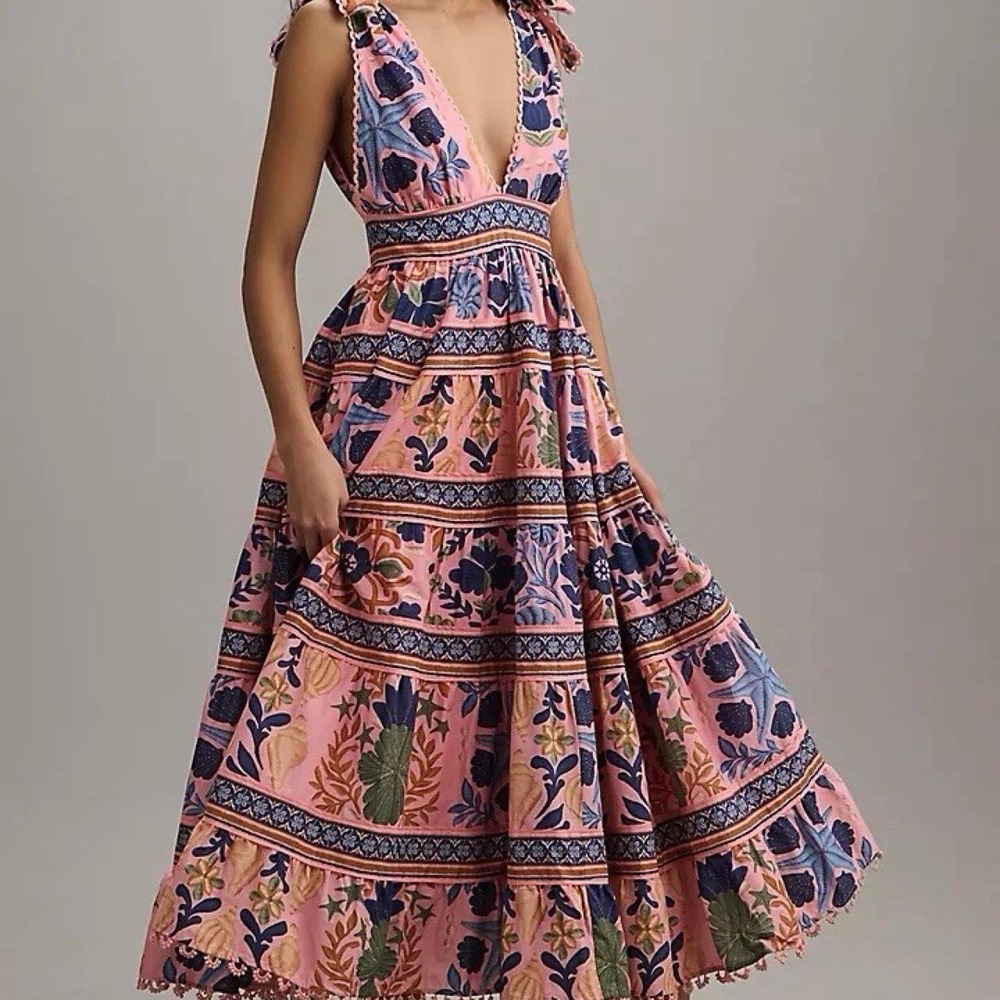 FARM RIO Pink Seashell Tapestry Cotton Midi Dress SIZE: XL
